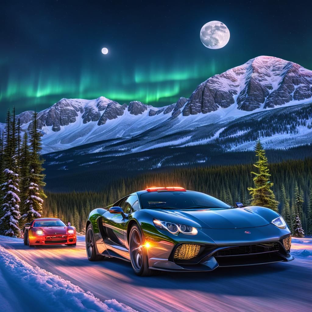 Cars Race Under Aurora Borealis Landscape