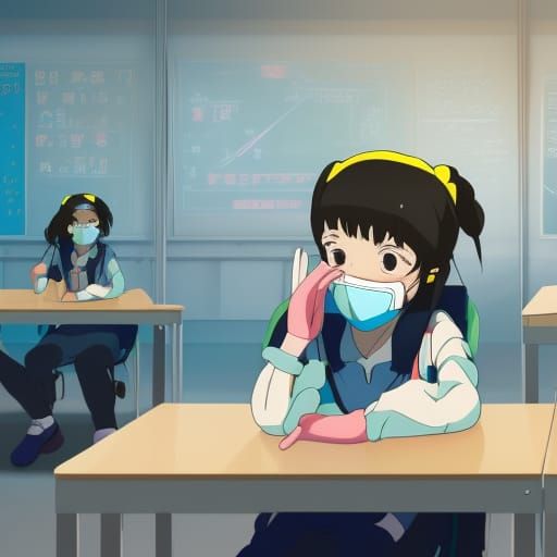 Girl in Mask: Anime Style Classroom Scene