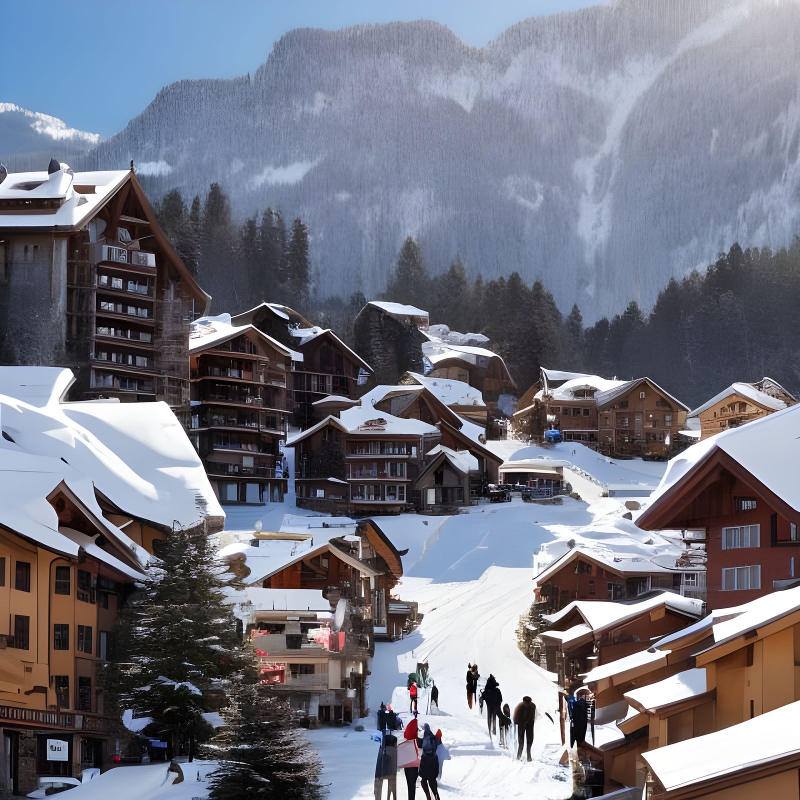 Bustling Ski Village on a Serene Mountainside