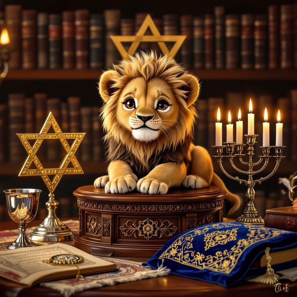 Adorable Golden Lion on Pedestal with Jewish Symbols