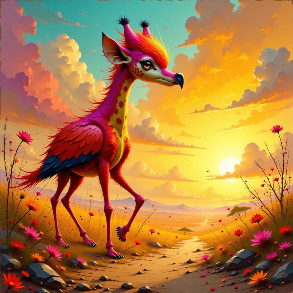 Fire-Flamingo-Giraffe Hybrid in Expressive Digital Art Style