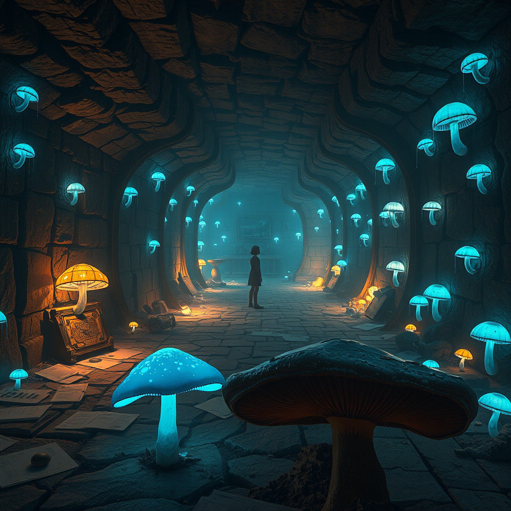 Mystical Basement Landscape with Luminescent Fungi