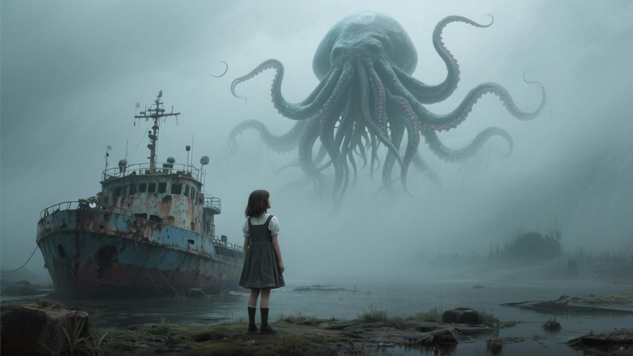 Cthulhu Looms Over Girl Beside Oil Tanker in Fog