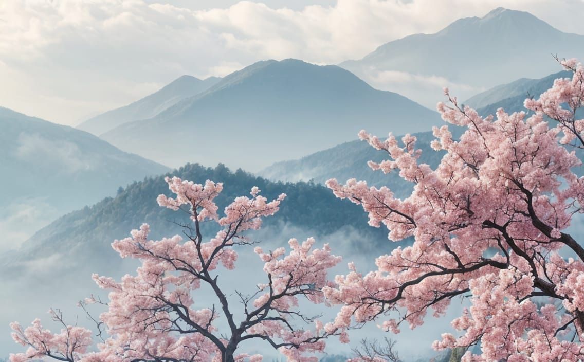 Mystic Cherry Blossom Landscape in Japanese Style