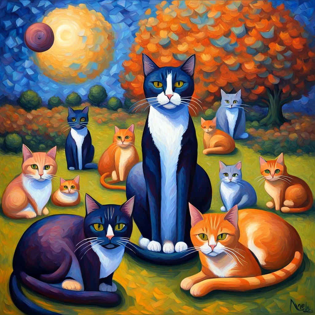 Utopian Cat Society in Expressionist Oil Painting