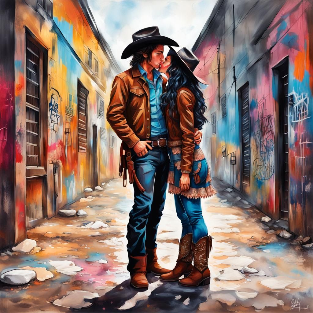 Cowboy Couple Kissing in Graffiti Street Art
