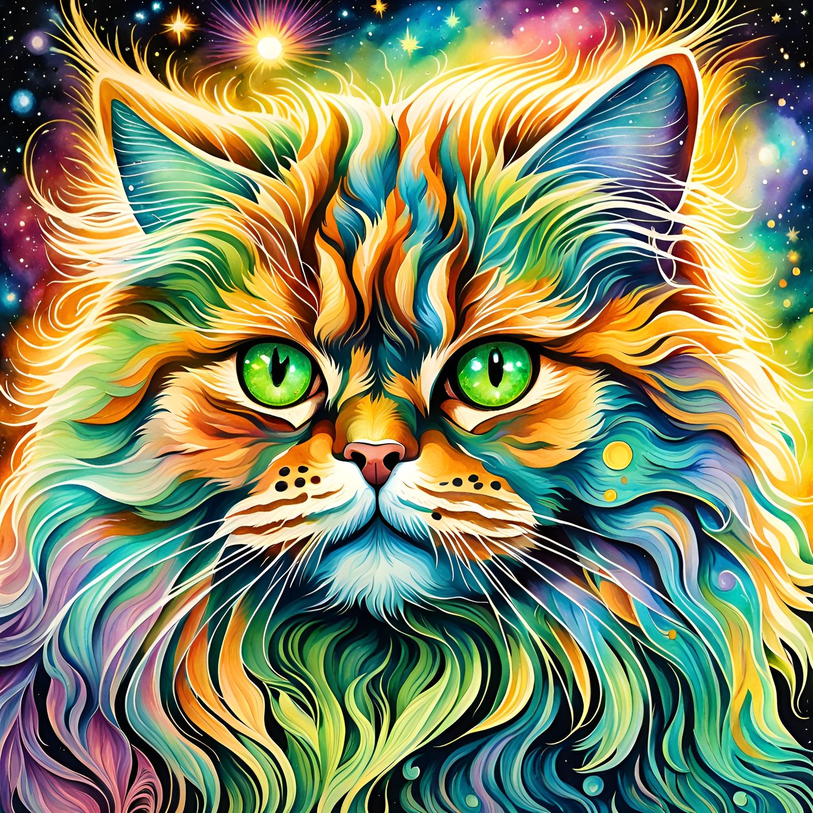 Watercolor Ginger Persian Cat in Space