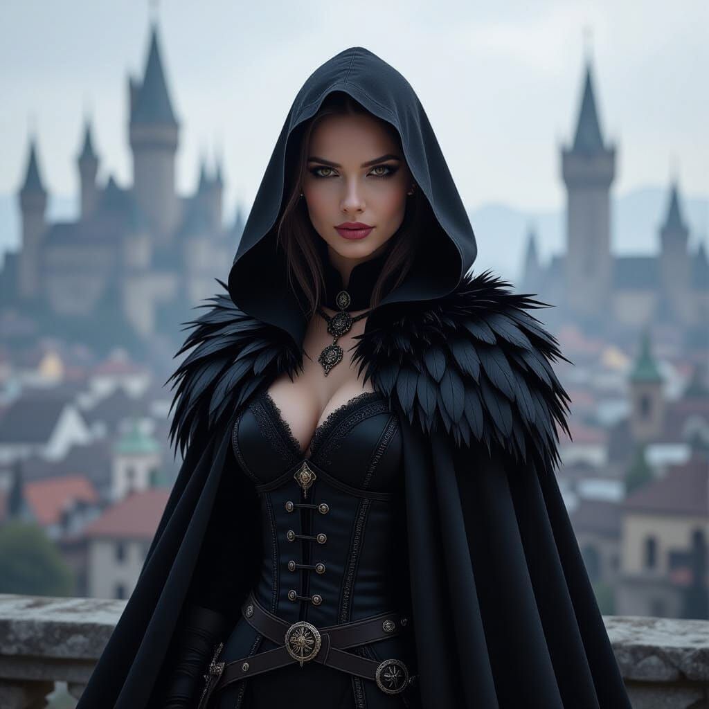 Raven Sorceress in Medieval Cityscape