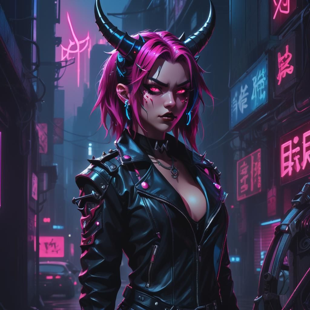 Cyberpunk Demon E-Girl Portrait in Neon Lights