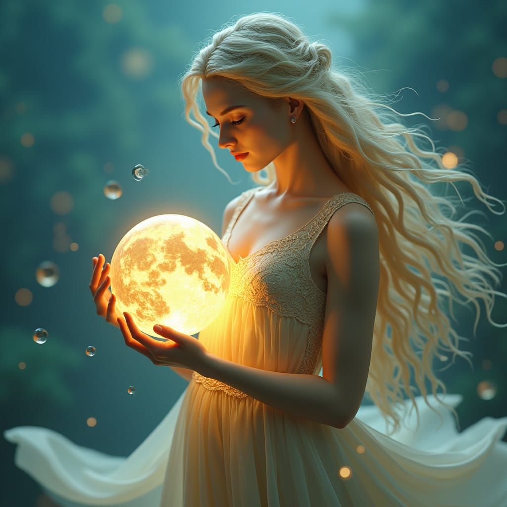 Ethereal Lady Cradling Luminous World Sphere
