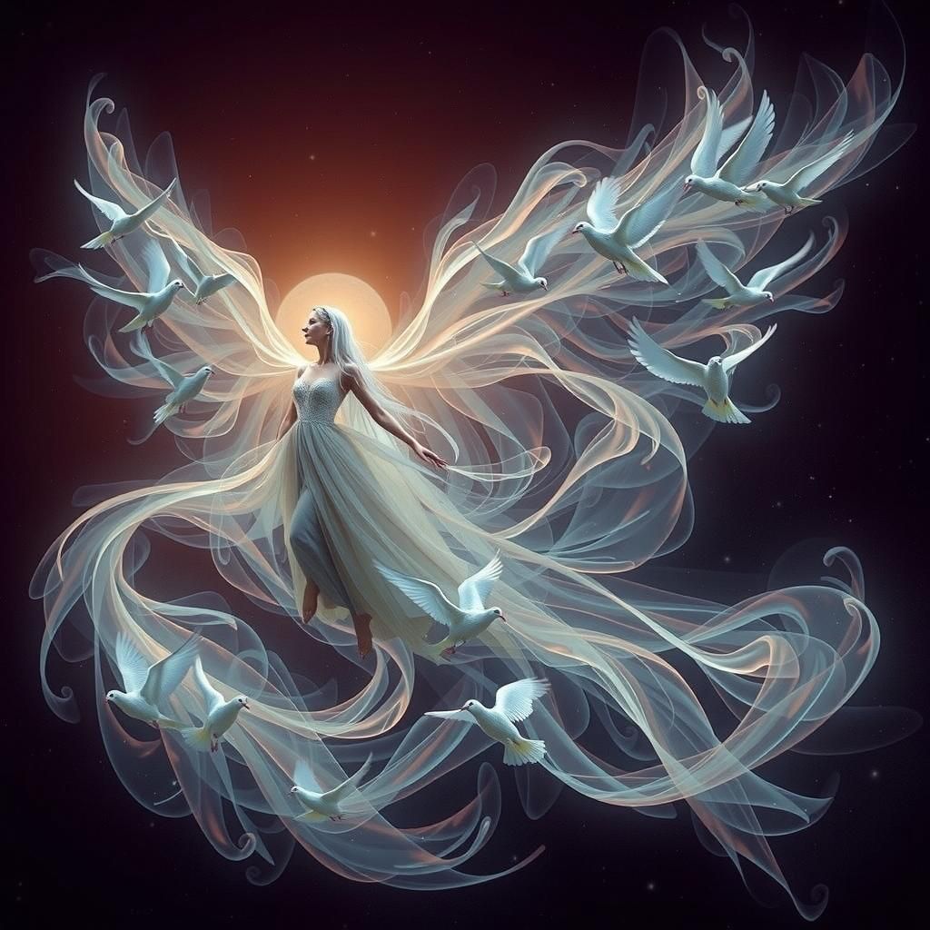 Hispanic Woman's Dove Dress Dance in Sunset Sky