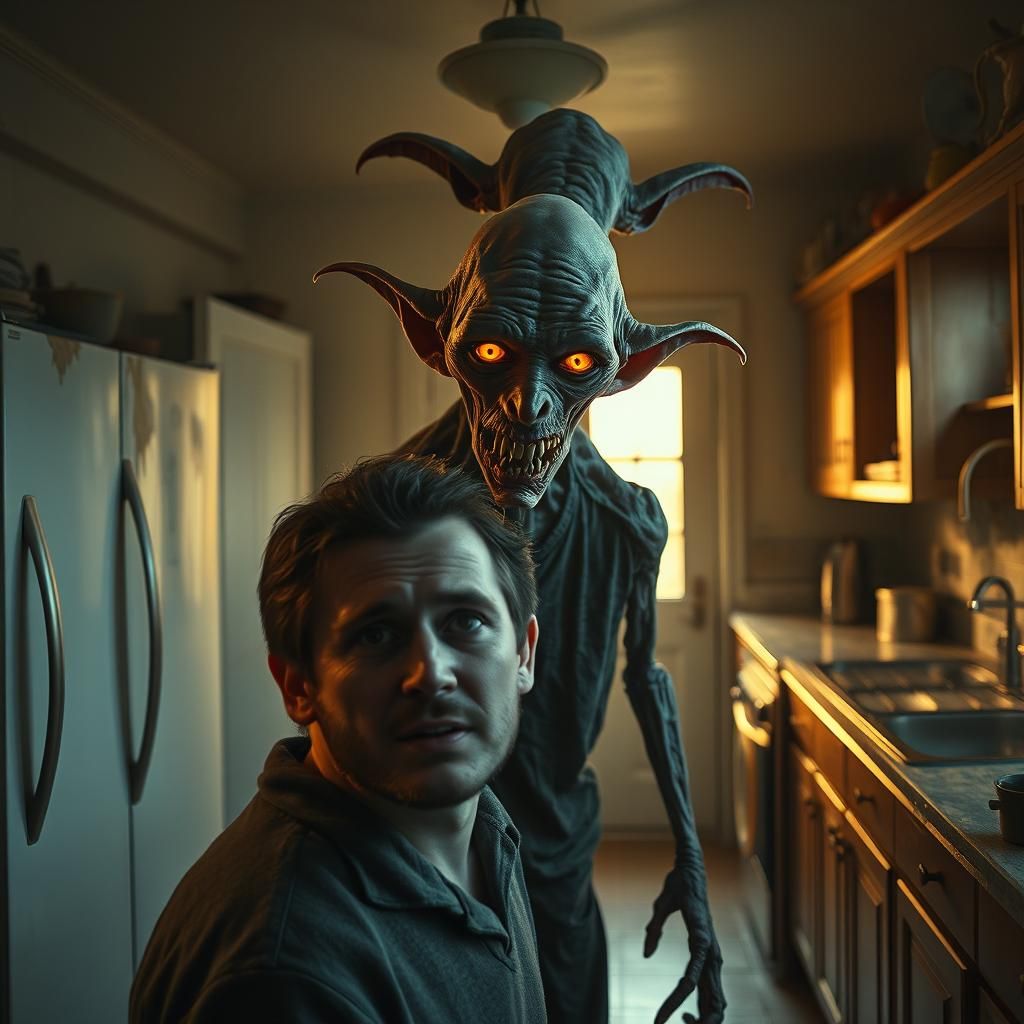 Terrifying Kitchen Encounter in Hyper-Realistic Detail
