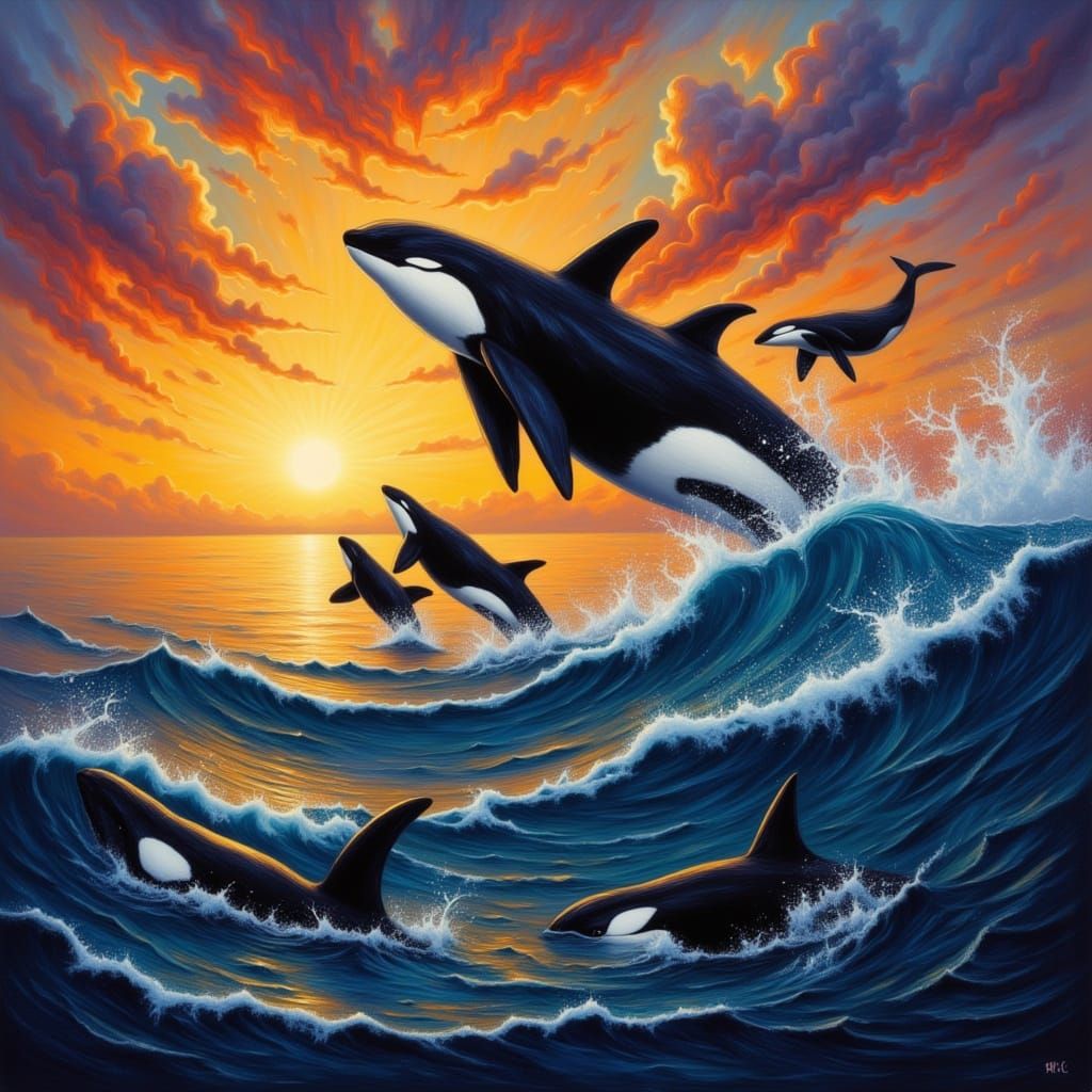 Orca Breaching Sunset Ocean in Painterly Style