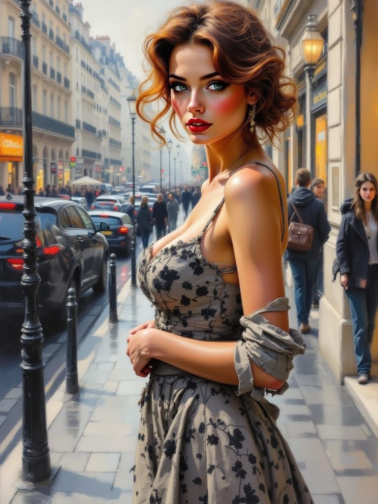 Figure Study on a Paris Street in Encaustic Style