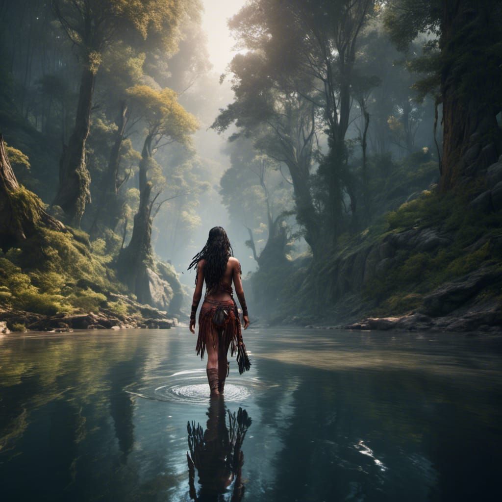 Native American Woman Walking in Forest River