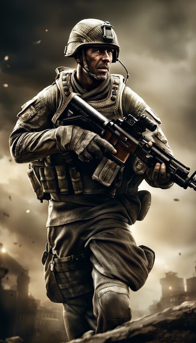 Aggressive Soldier in Hyperrealistic Cinematic Style