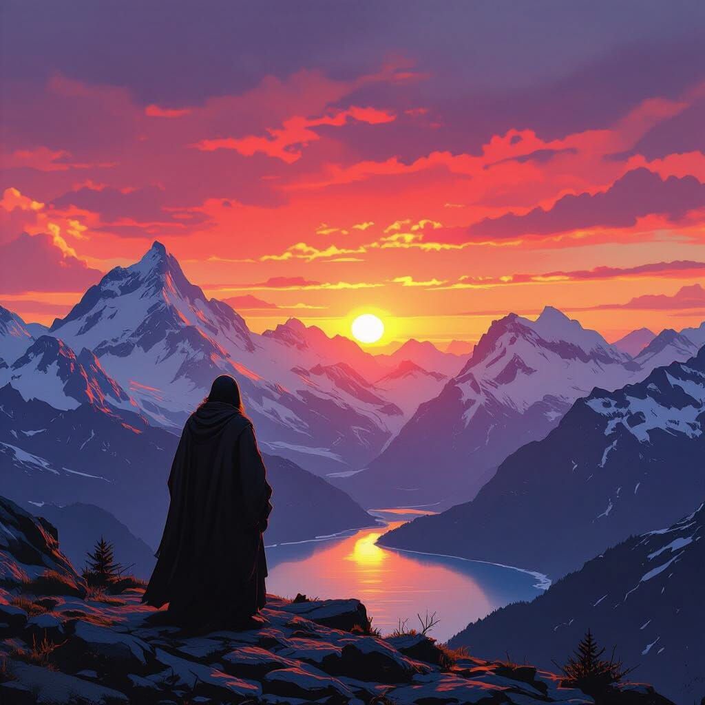 Prophet Silhouetted Against Fiery Sunset Over Swiss Alps