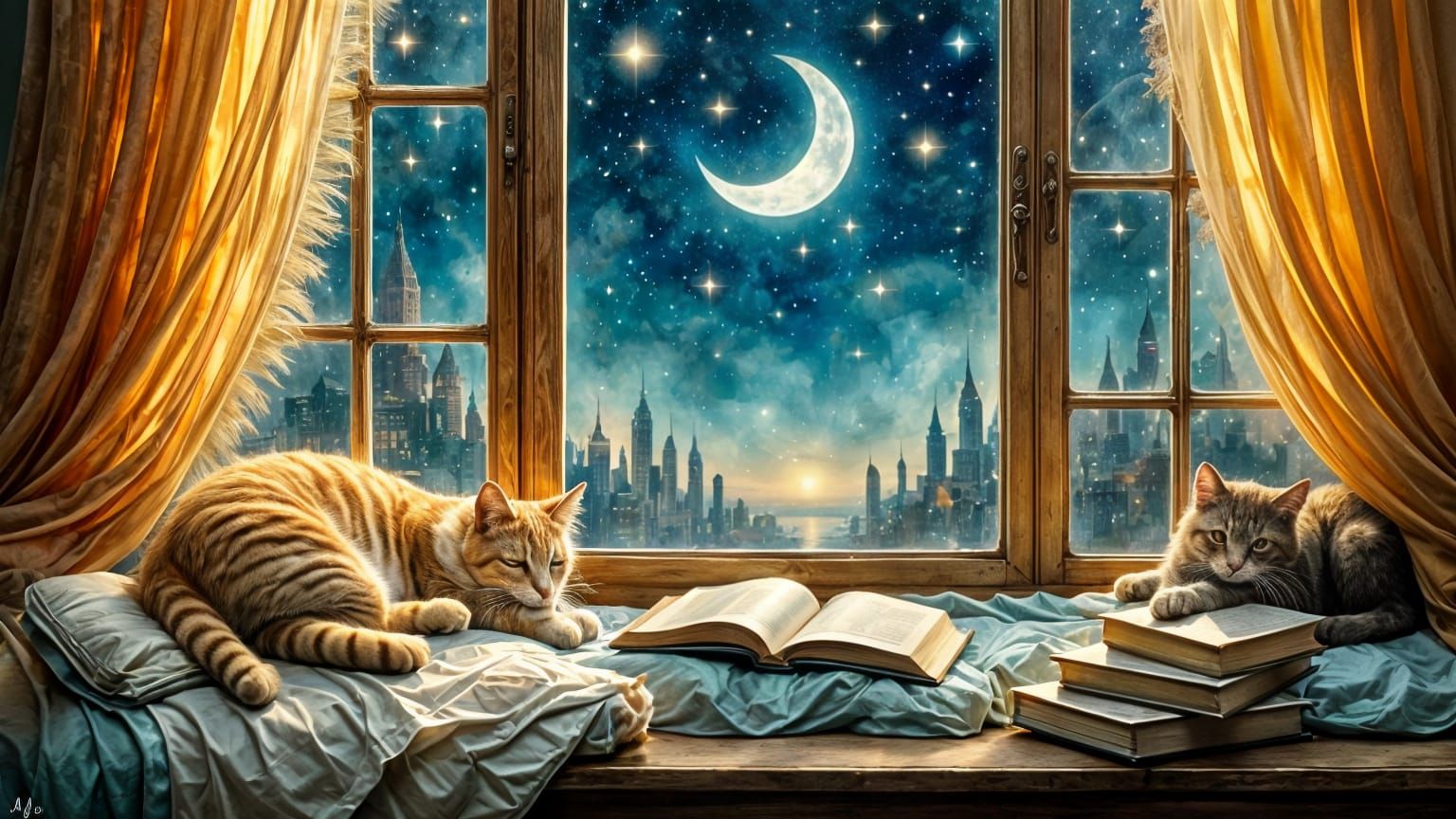 Four Sleeping Cats in Enchanted Window Dreamscape