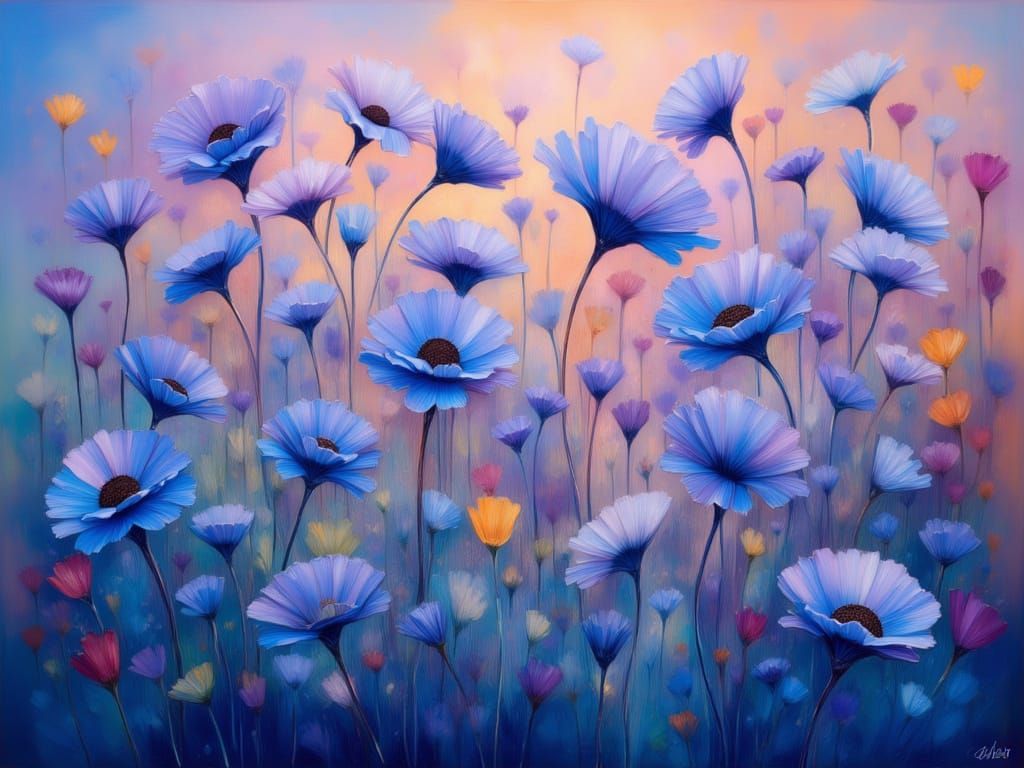 <lora:Expressive:1.0> delicate blue translucent flowers in t...