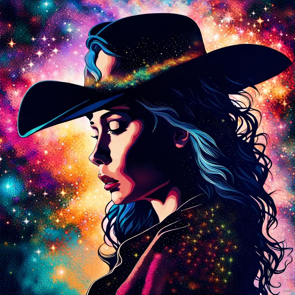 Epic Cowgirl Galaxy Silhouette: Digital Illustration