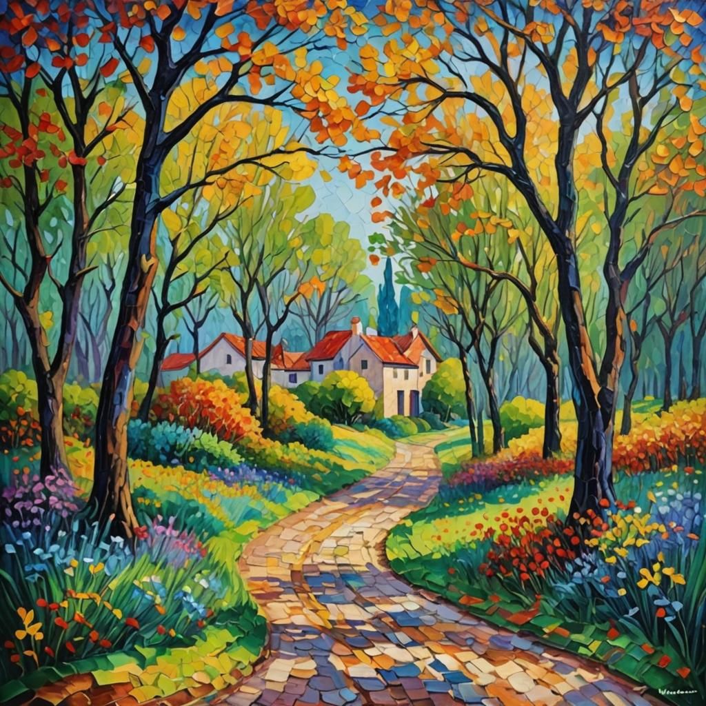 Colorful Neo-Impressionist Landscape with Impasto Texture