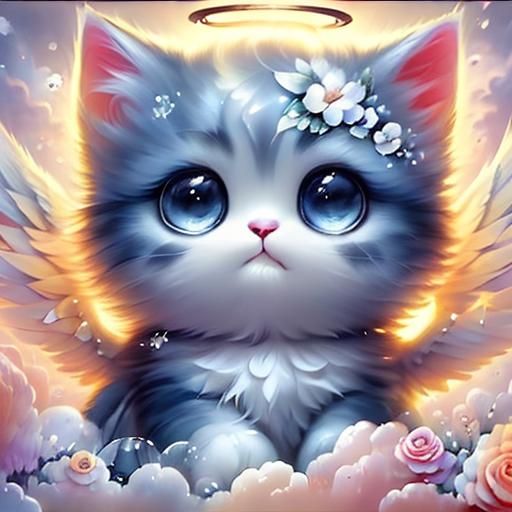 Chibi Angel Kitten on Floral Cloud in Pastel Colors