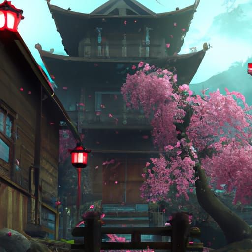 Medieval Japan Cherry Blossoms in Detailed Matte Painting