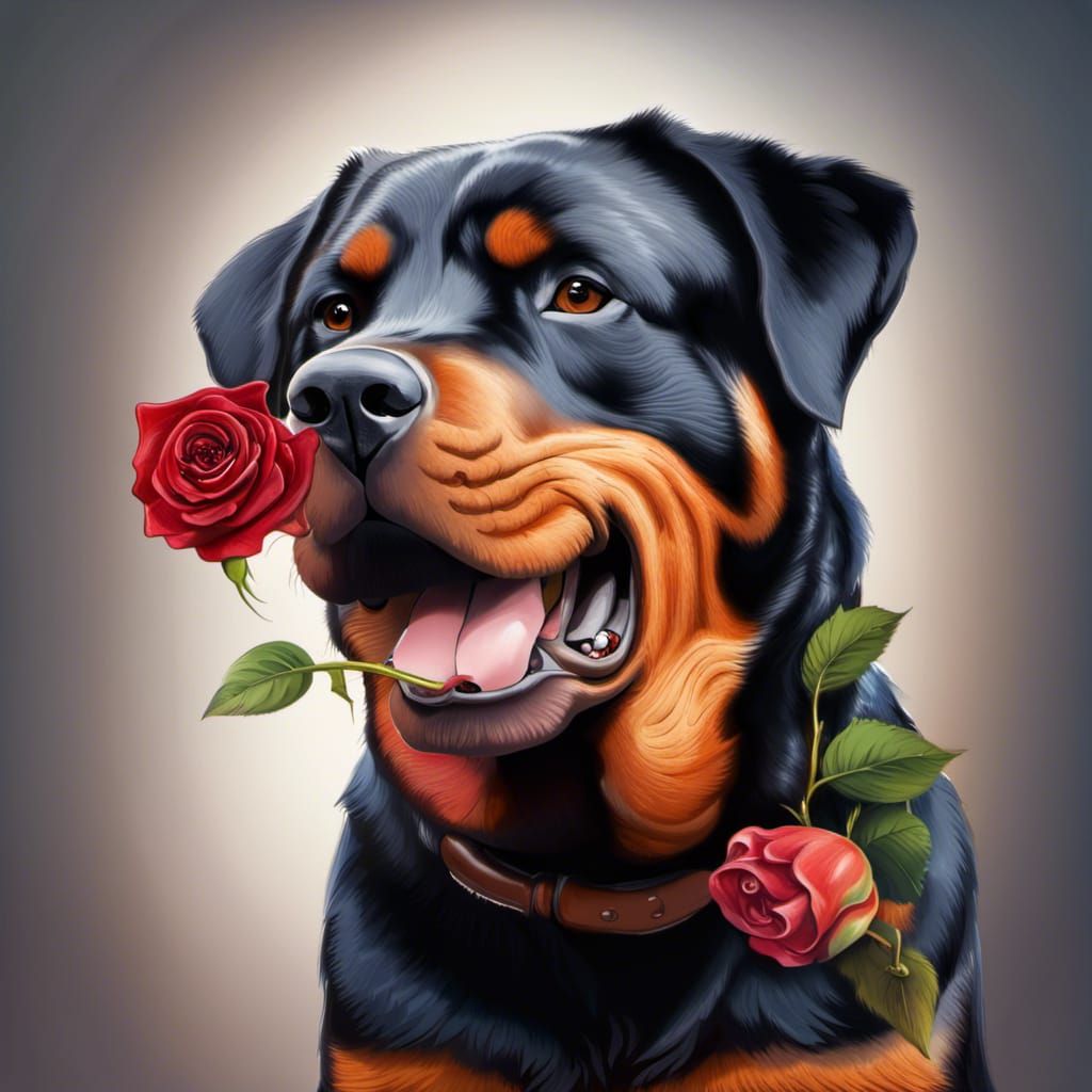 Rottweiler holding a long stem rose in its mouth.