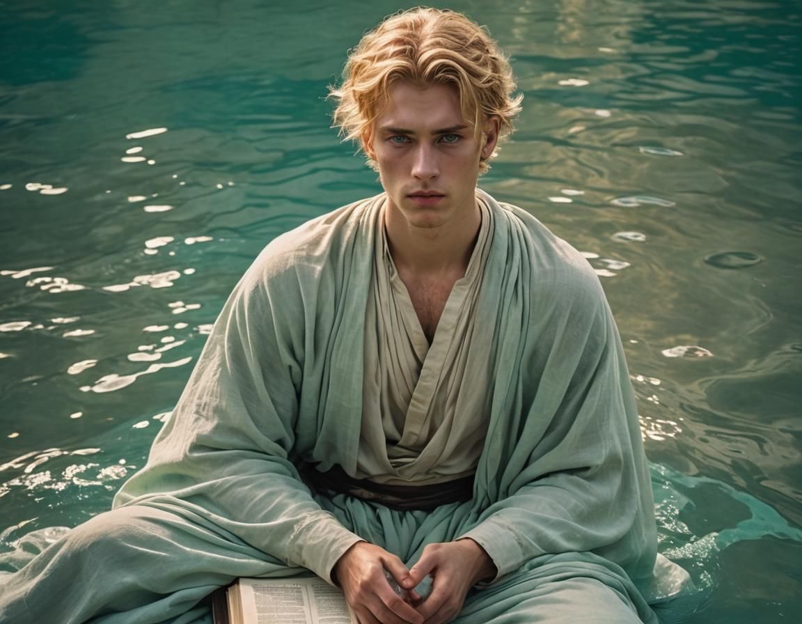 Serene Man in Turquoise Void With Bible