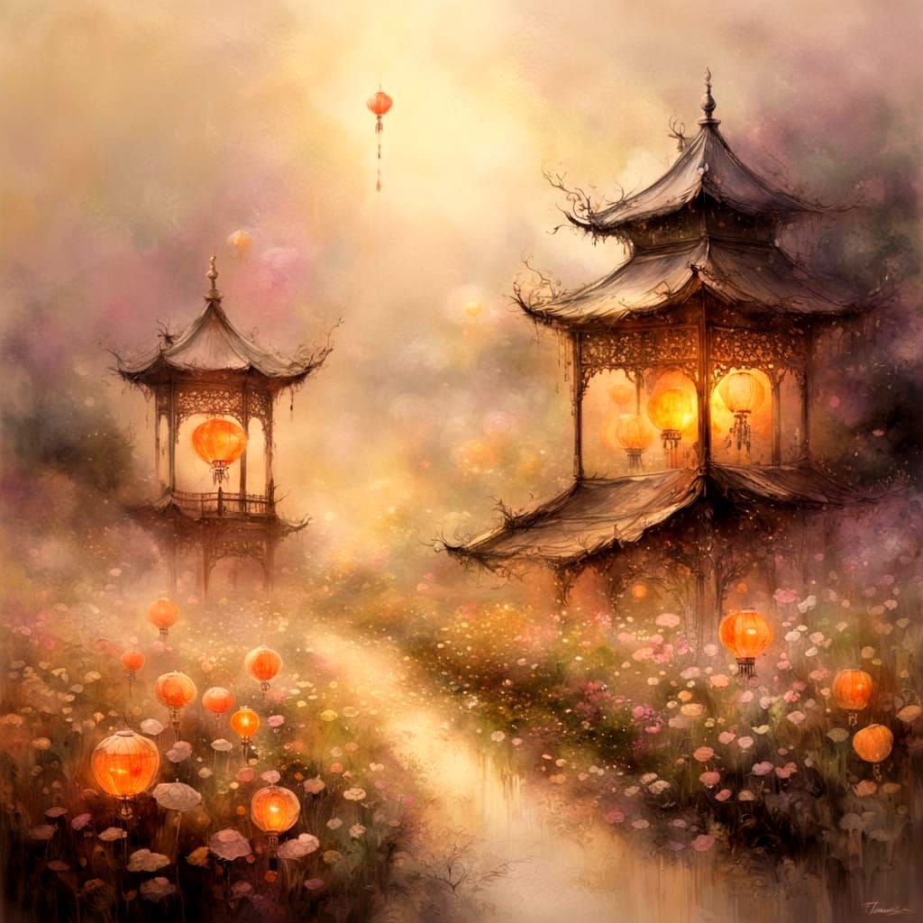 Dreamlike Translucent Chinese Lanterns in Sepia