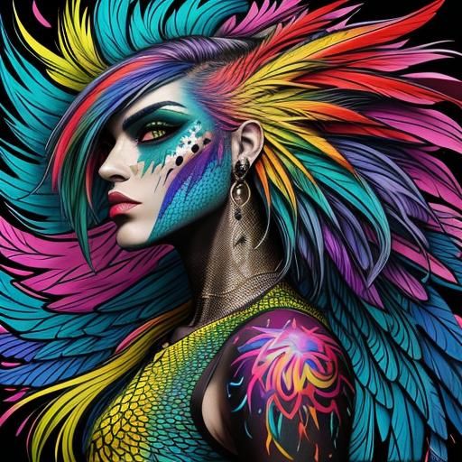 Rainbow Dragon Woman in Graffiti Art Style