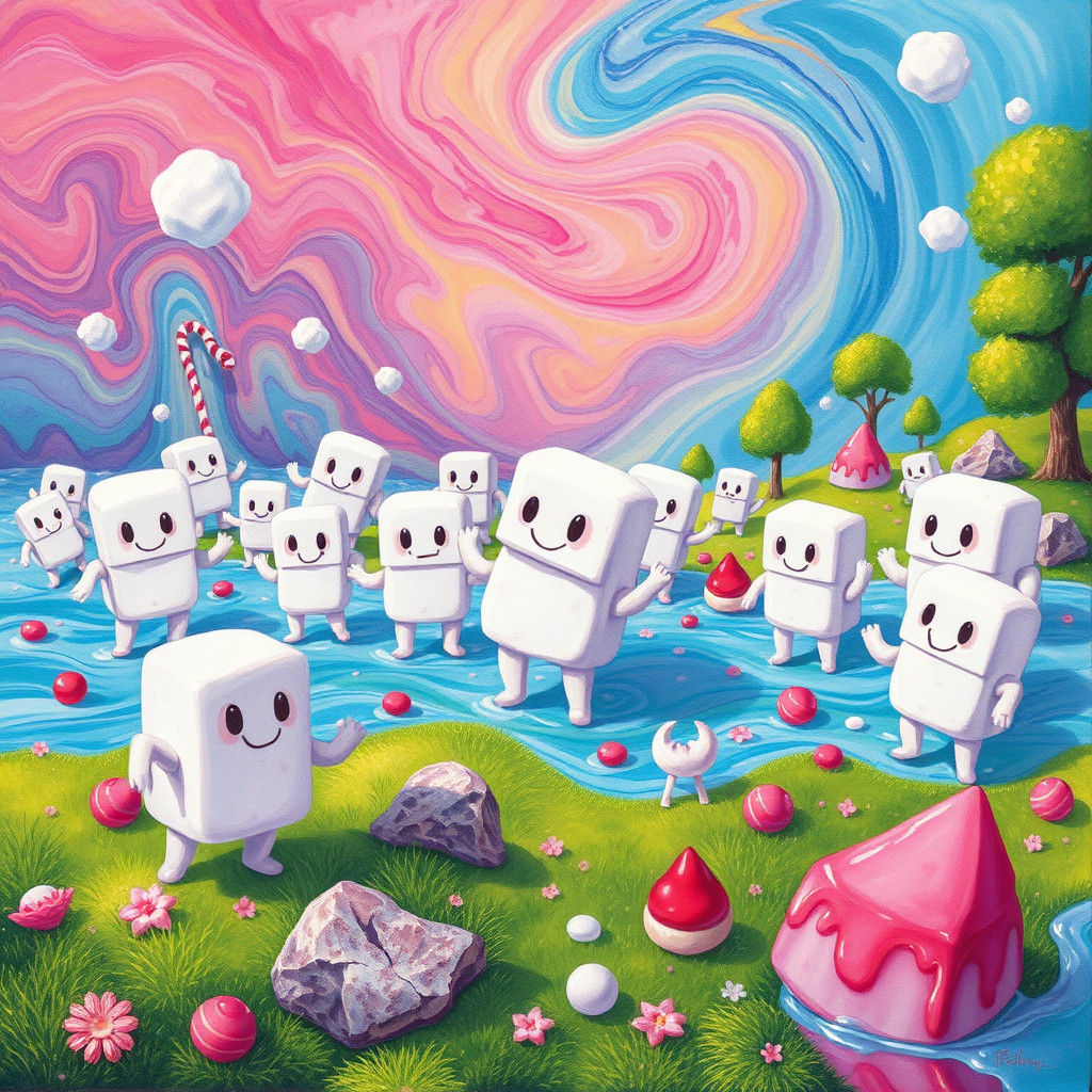 Candyland Realm with Marshmallow People in Gouache Colors