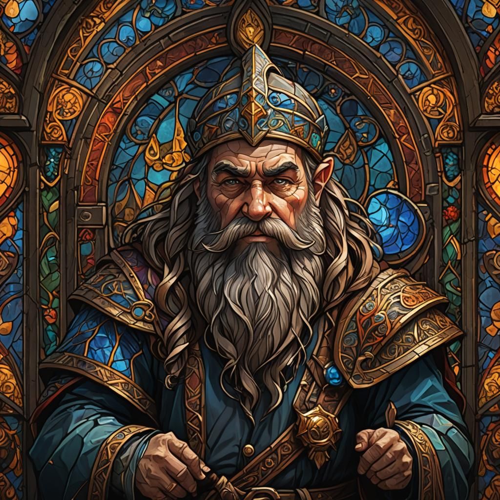Young Dwarf with Long Beard in Stained Glass