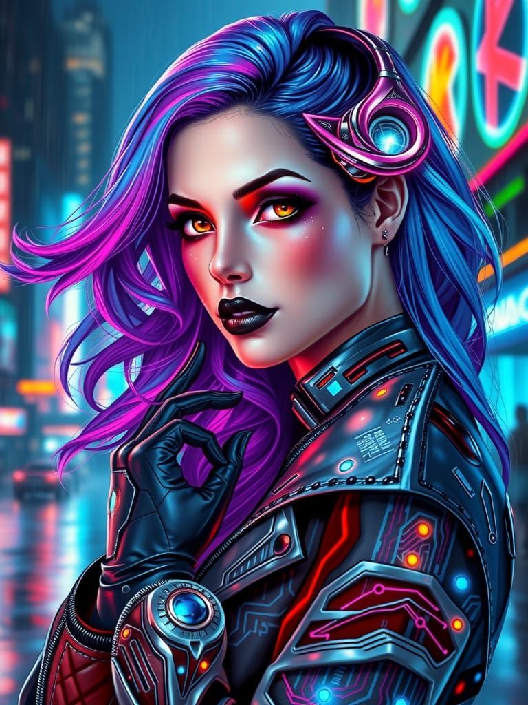Cyberpunk Goddess in Neon Cityscape