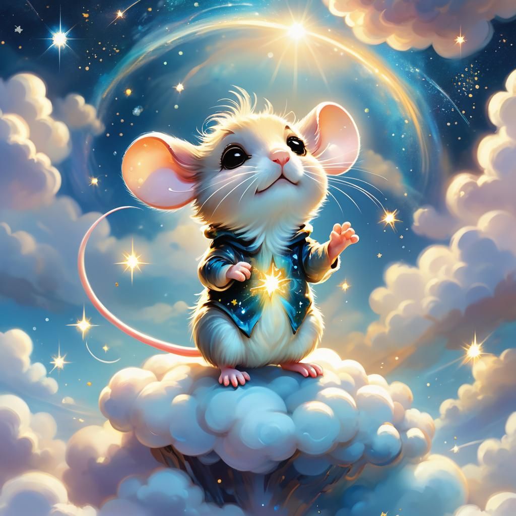 Chibi Mouse Gazing at Sky in Dreamy Cosmic Style