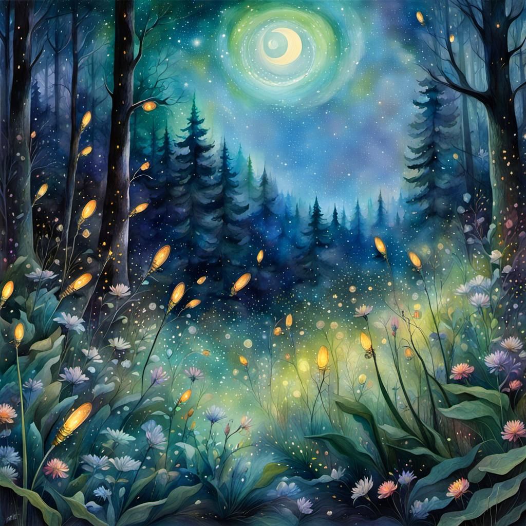Firefly Close-Up in Watercolor Forest Scene