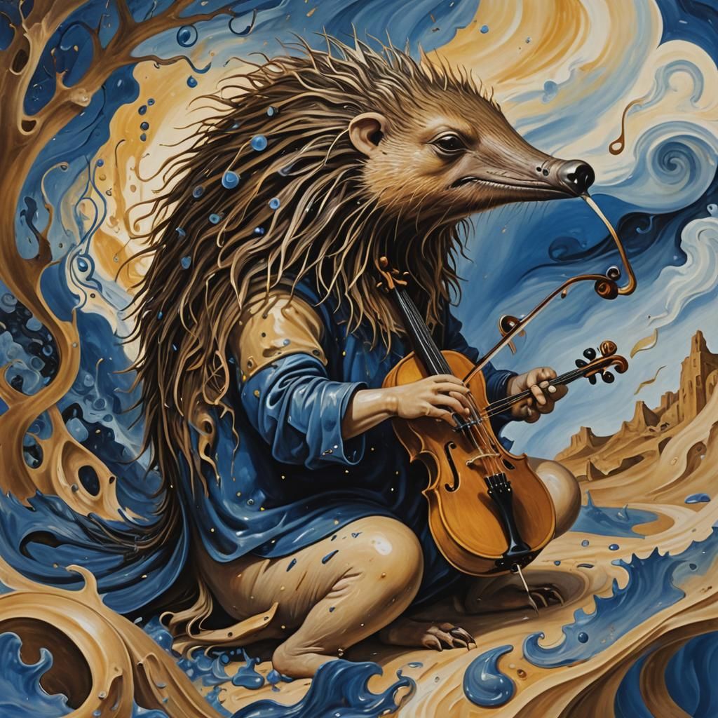 Echidna's Surreal Fiddle Serenade: A Vibrant Oil Painting