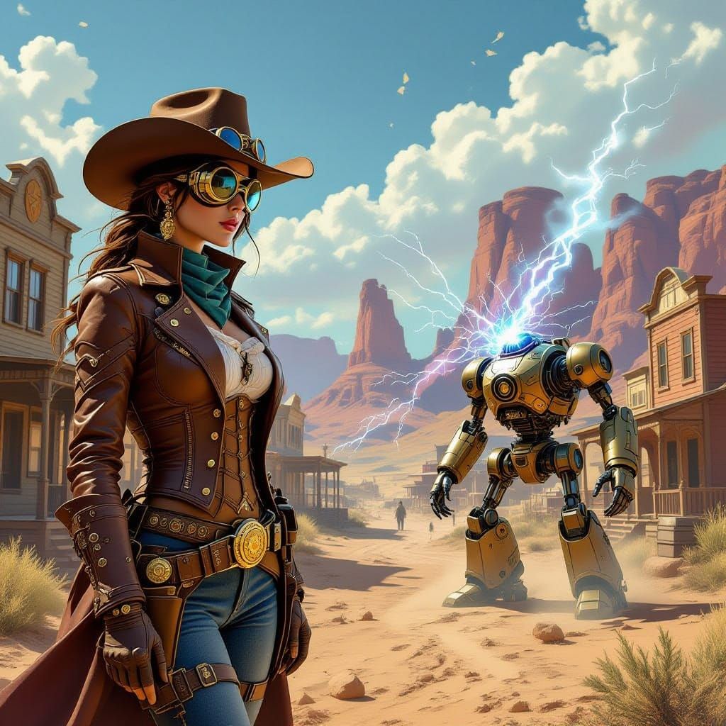 Steampunk Cowgirl Sheriff Battles Lightning Automaton