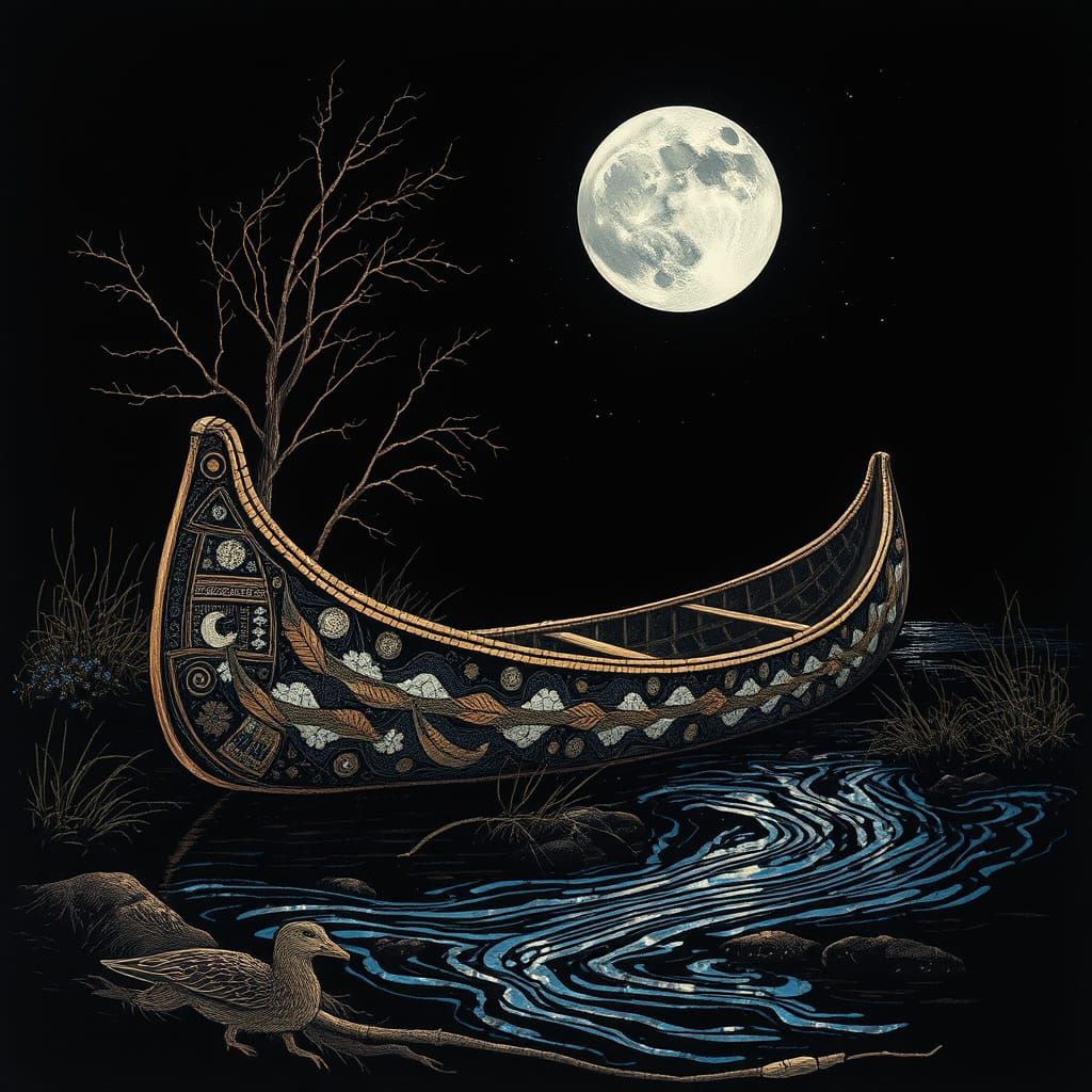 Traditional Native American Birchbark Canoe in Moonlit Night...