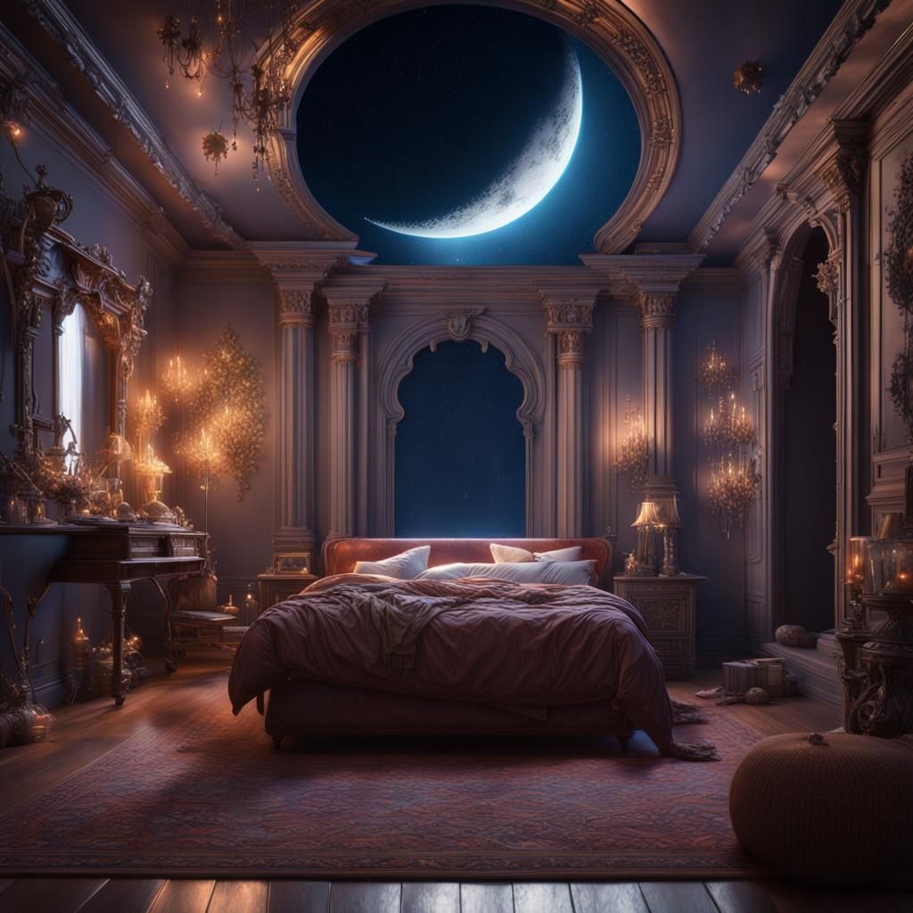 Moonlit Bedroom: A Fantastical Lunar Dreamscape