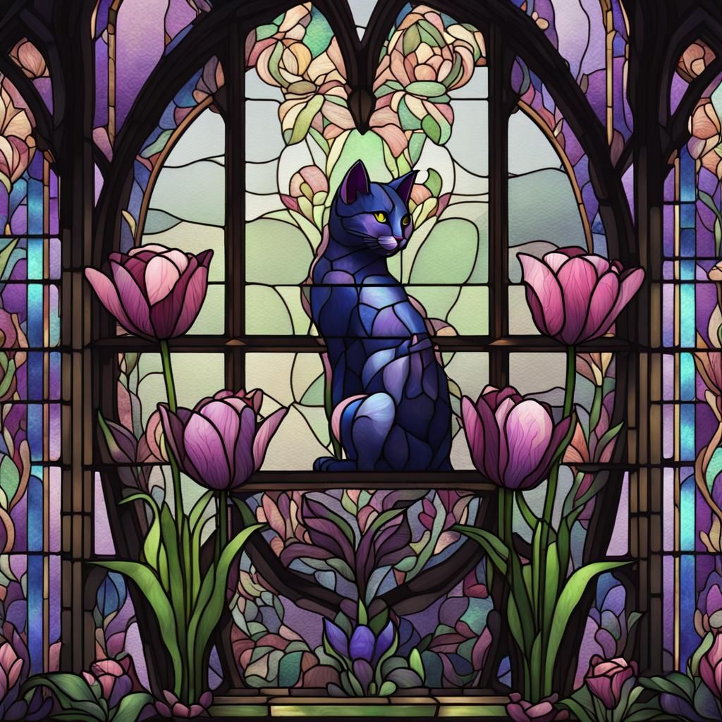 Stained Glass Cat with Tulips in Blue and Green