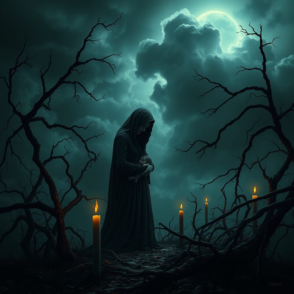 Mother's Vigilant Guardian in a Haunting, Surreal Landscape