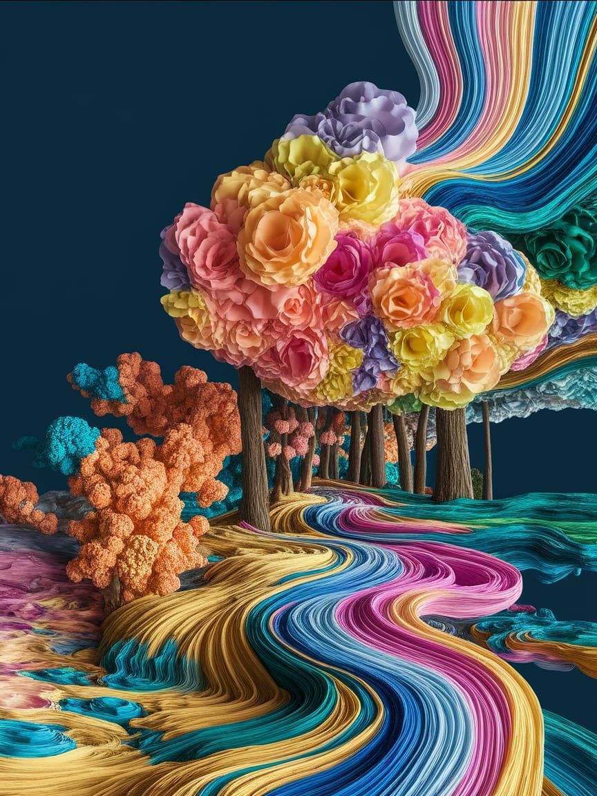 Surreal Forest Sky with Sculpted Clouds in Mixed Media