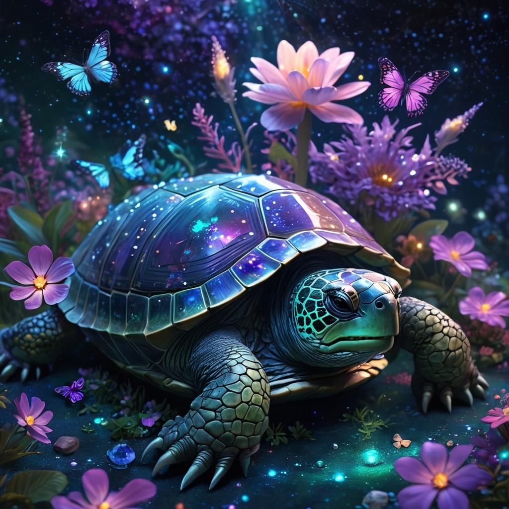 Glowing Crystal Turtle with Vivid Garden in Space