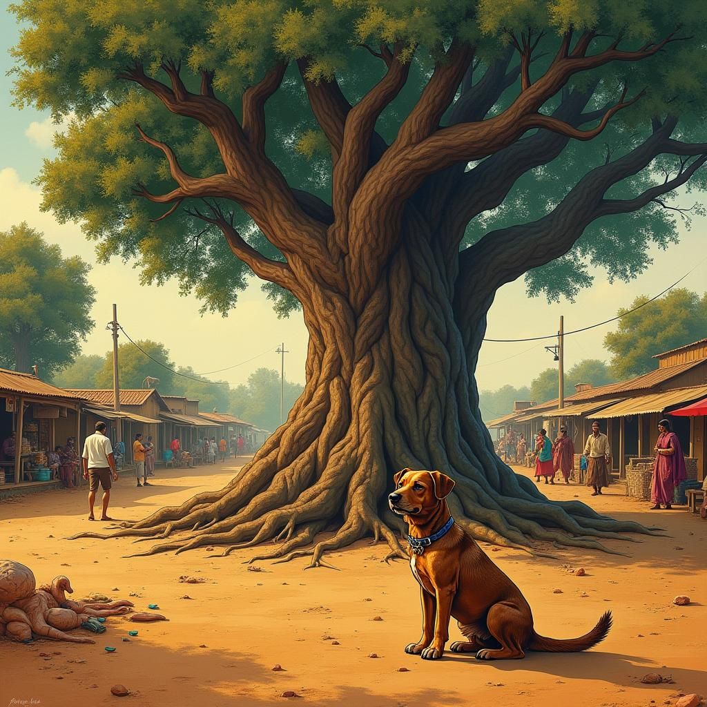 Dog Under Banyan Tree in Indian Folk Art Style