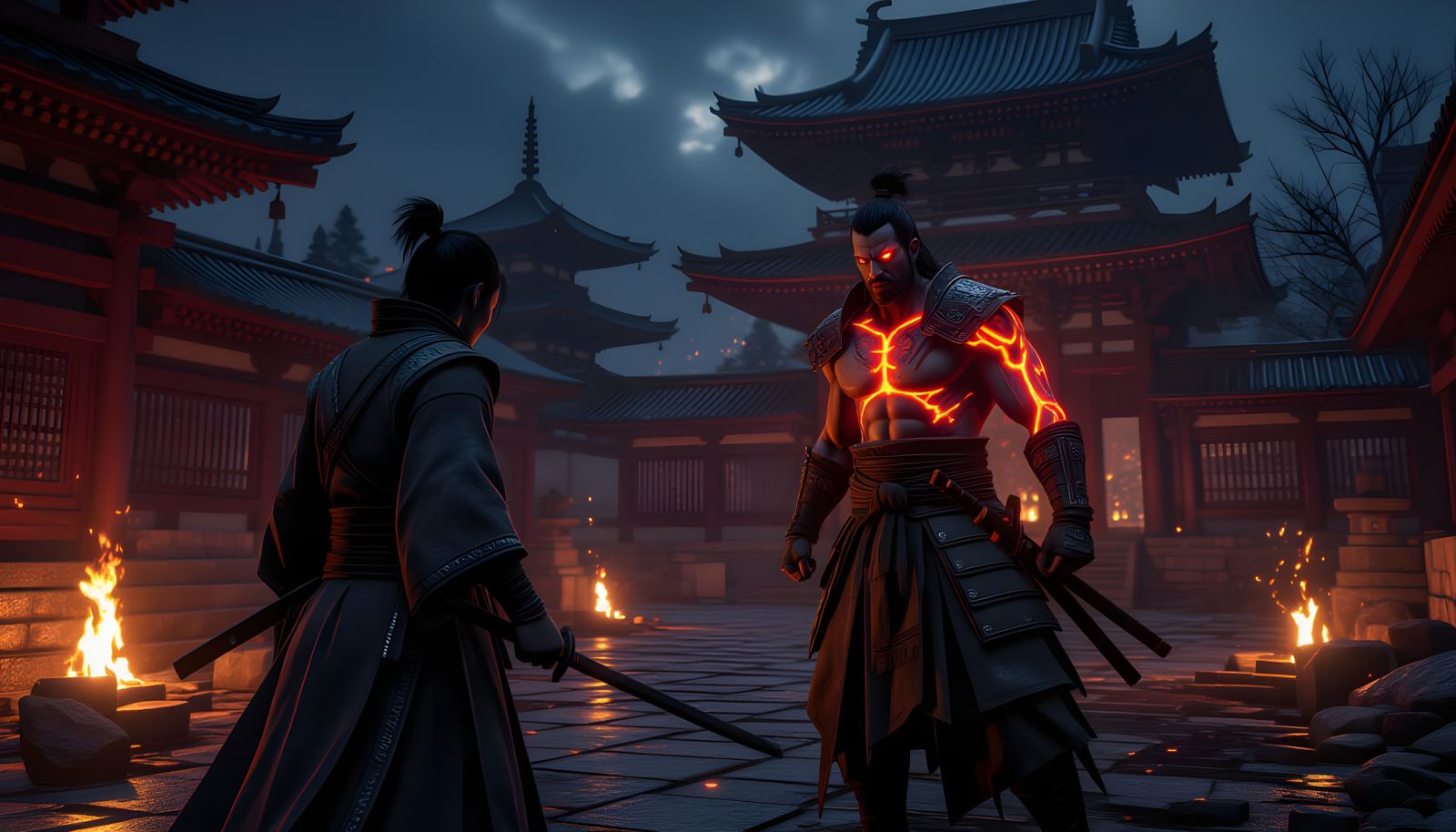 Warrior Battles Half-Demon in Ruined Japanese Temple