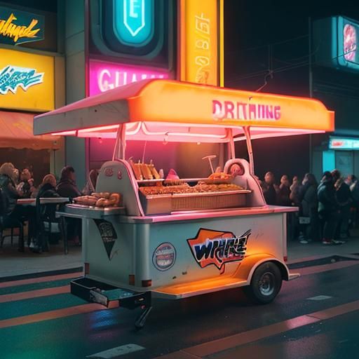 Cyberpunk Floating Hot Dog Restaurant with Neon Lights