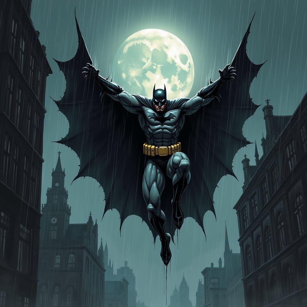 Grim Batman Swings Through Gotham Under Full Moon