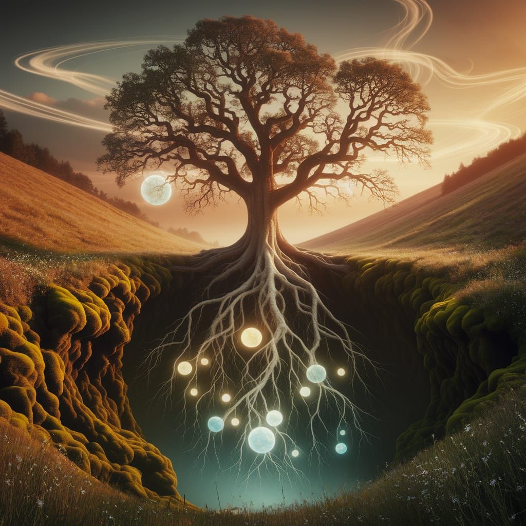 Ancient Oak Tree with Luminous Orbs in Sunset Ravine