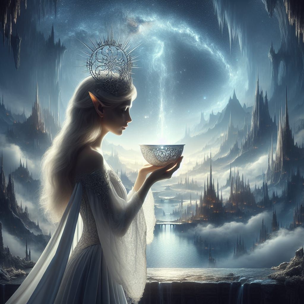 Elven Maiden with Crystal Bowl in Fantasy Landscape